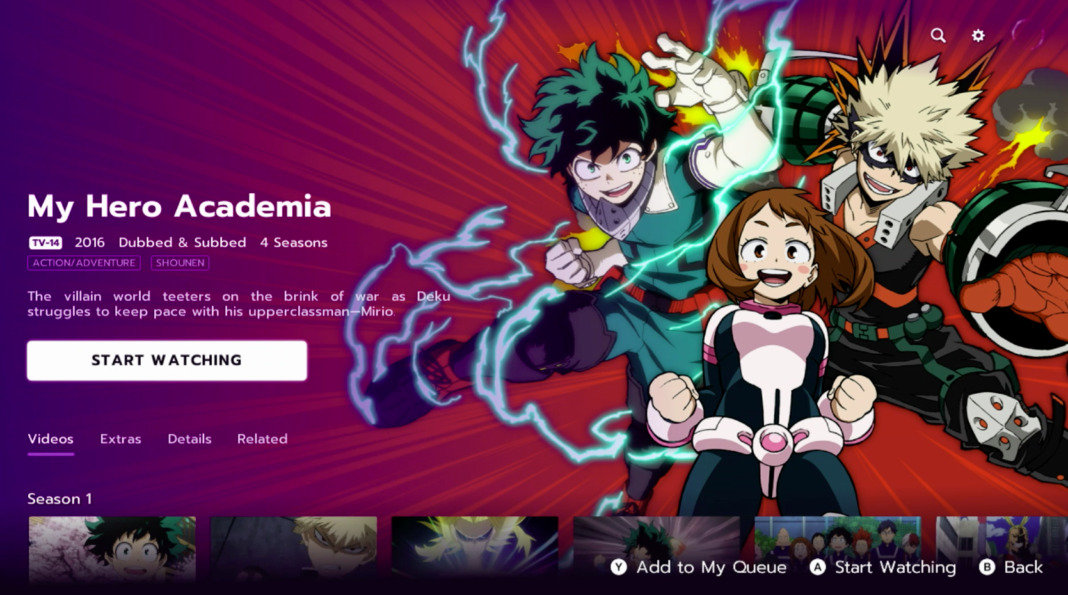 funimation switch app shows my hero academia