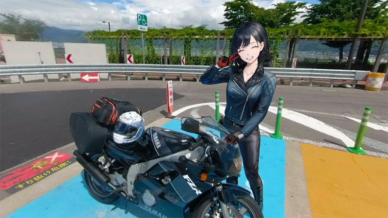 Fuuraiki 4 - Hiyo posing with motorcycle