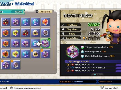 Square Enix shared screenshots of the Theatrhythm Final Bar Line ProfiCards and how their sections for characters, songs, and Summonstones.