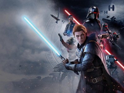 Banner key art for Star Wars Jedi: Fallen Order, depicting its core cast
