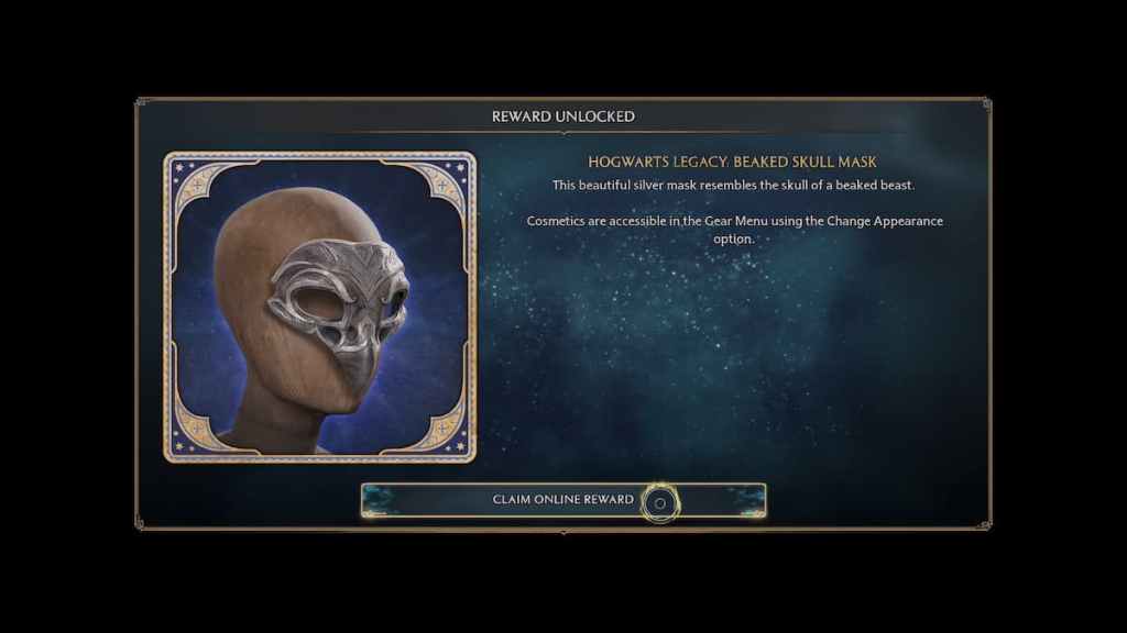 Hogwarts Legacy Beaked Skull Mask Claim Screen