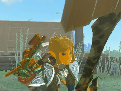 A screenshot of Link using a Guster in Tears of the Kingdom.