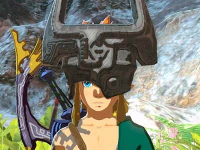 A screenshot of Link wearing Midna's Helmet in Tears of the Kingdom.