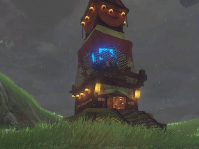 A screenshot of the Popla Foothills Skyview Tower in Tears of the Kingdom.