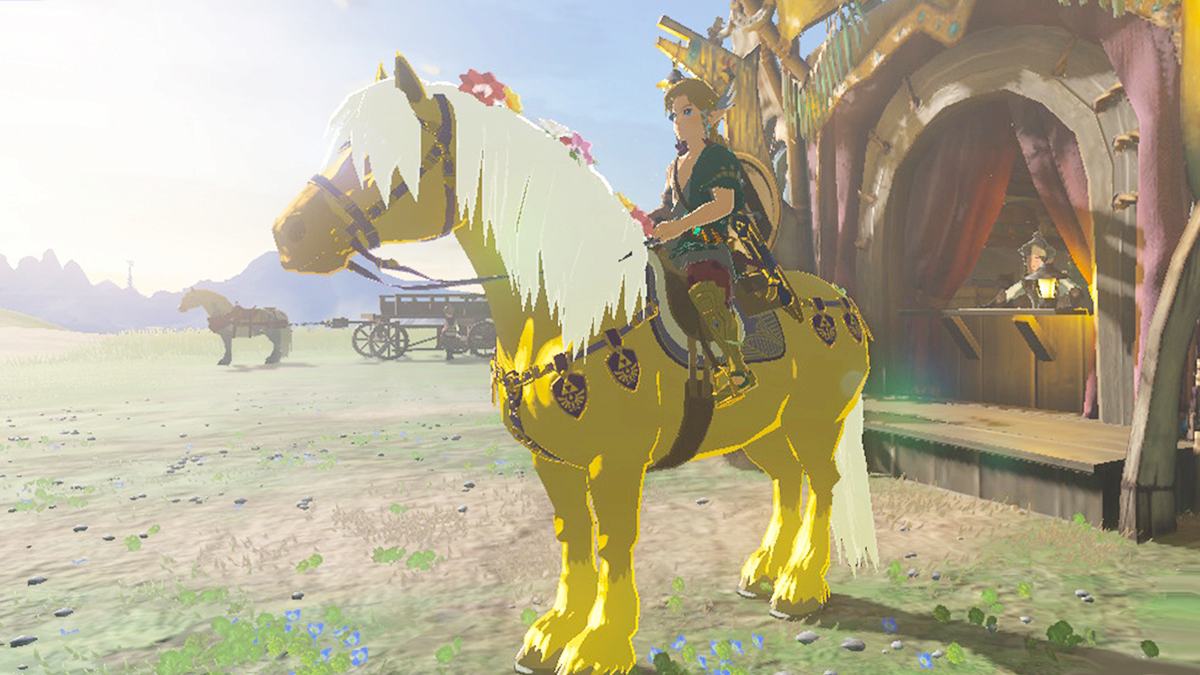 A screenshot of Link riding Zelda's golden horse in Tears of the Kingdom.