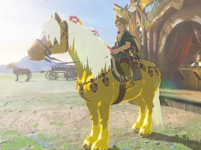 A screenshot of Link riding Zelda's golden horse in Tears of the Kingdom.