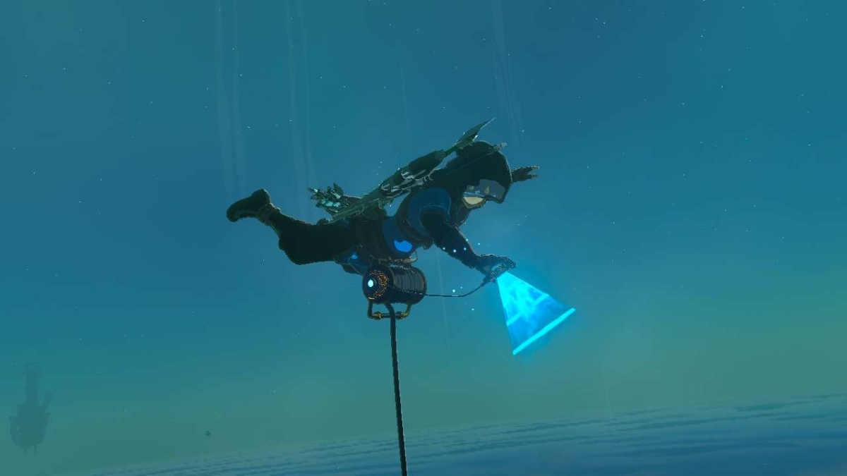 Link activating Gerudo Canyon Skyview Tower in Tears of the Kingdom.