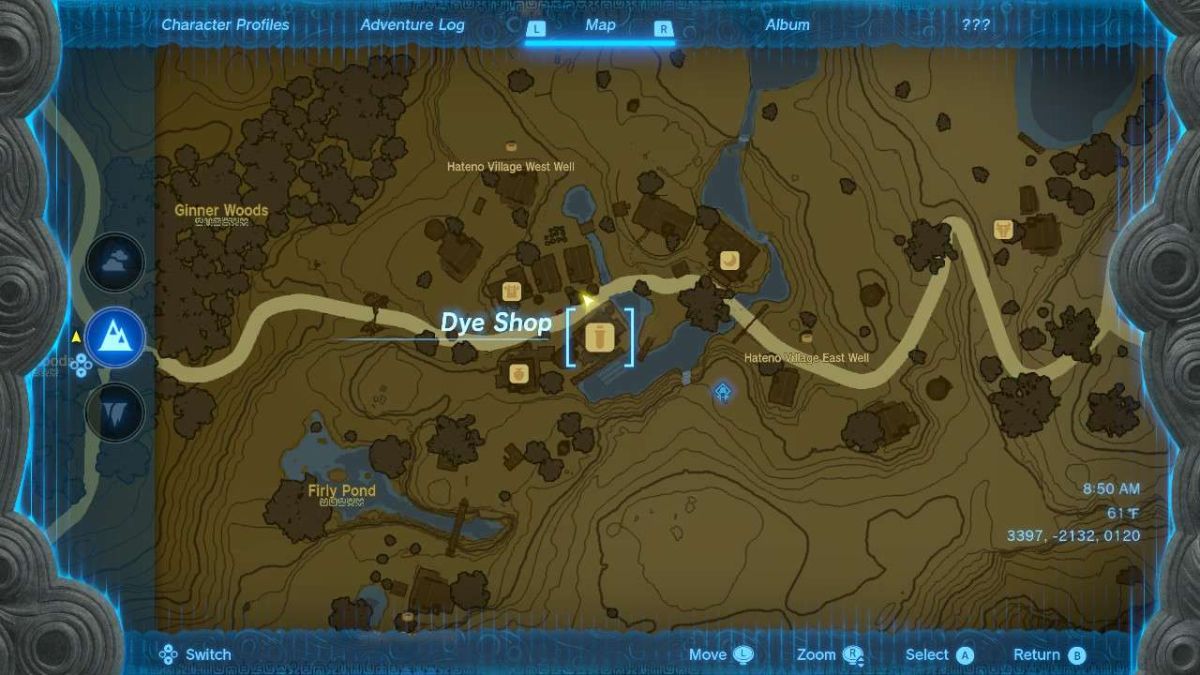 Screenshot of the map location of the Kochi Dye Shop in Tears of the Kingdom.