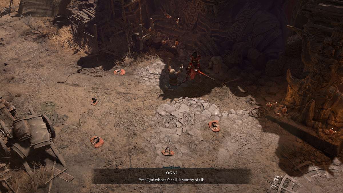 A screenshot of Ogai Hubris Smiles Back cutscene in Diablo 4.