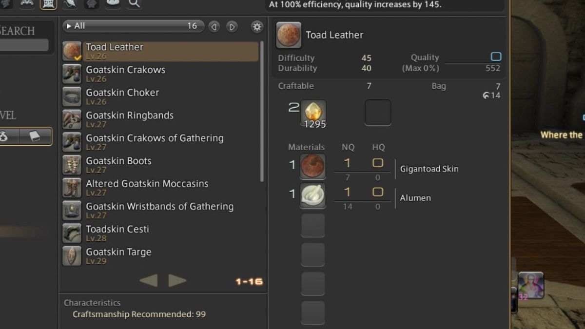 Crafting Toad Leather in FFXIV