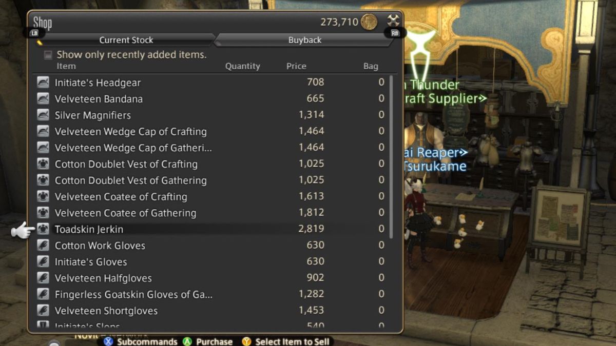 Buying Toadskin Jerkin in FFXIV