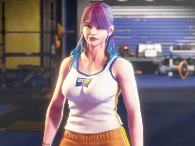 A screenshot of a custom fighter avatar in Street Fighter 6's World Tour mode.