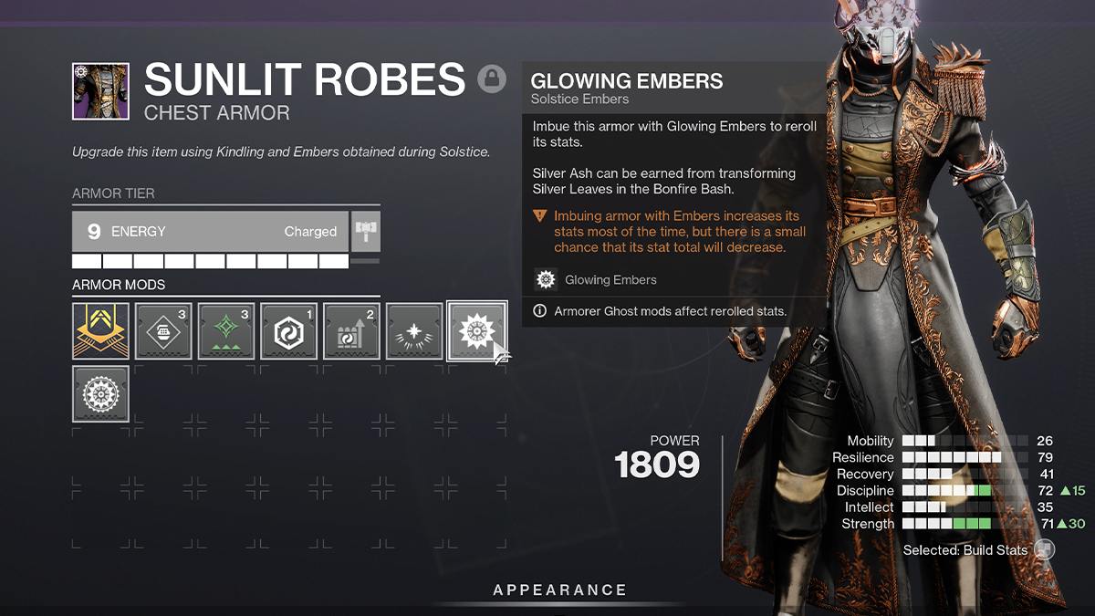 A screenshot of the Sunlit Armor menu in Destiny 2.