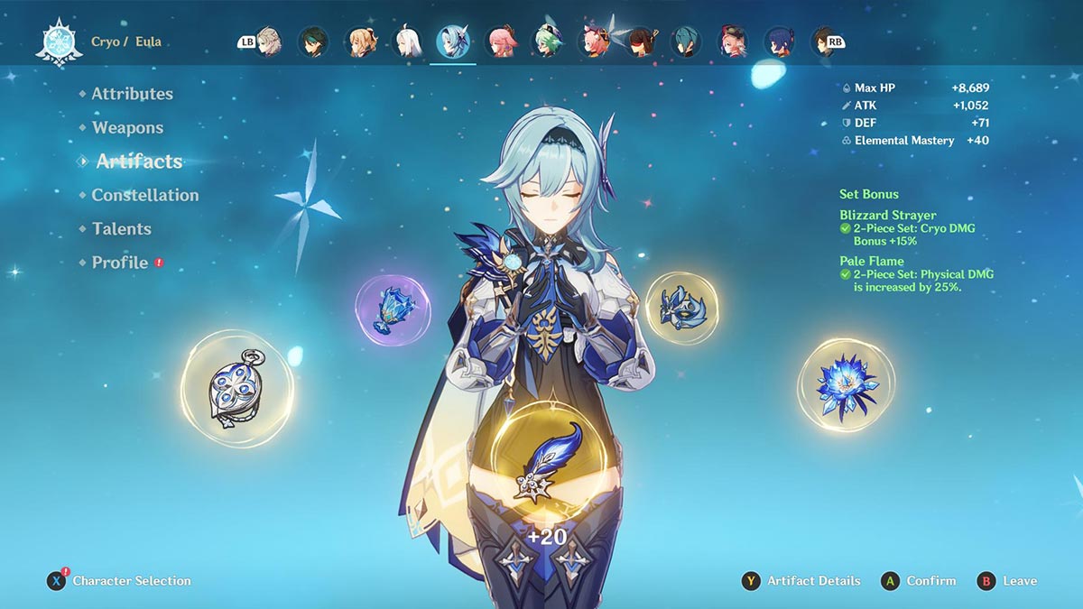 Screenshot of Eula's artifacts menu in Genshin Impact.