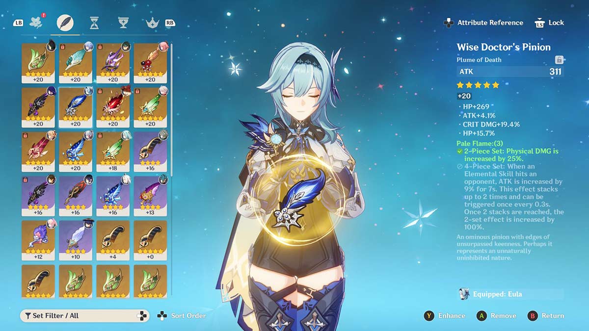 Screenshot of Eula holding Pale Flame artifact set in Genshin Impact.