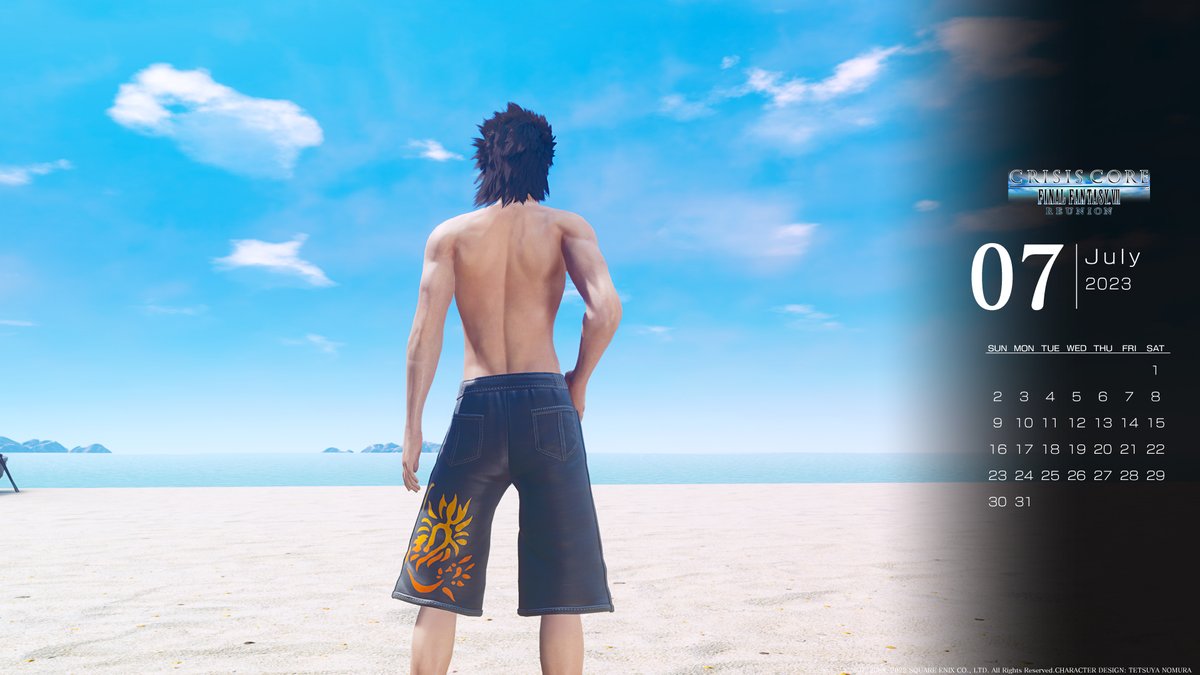 Zack Wears a Swimsuit in Final Fantasy VII July 2023 Calendar