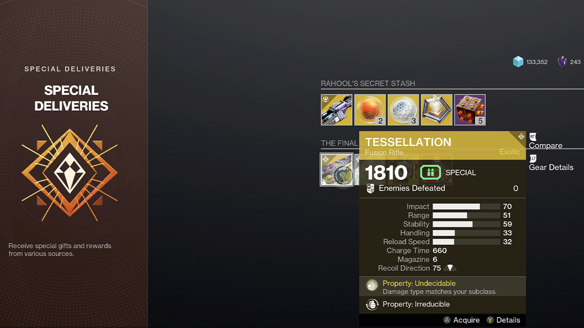 Redeeming Tessellation Exotic in Destiny 2 Special Deliveries Terminal menu.