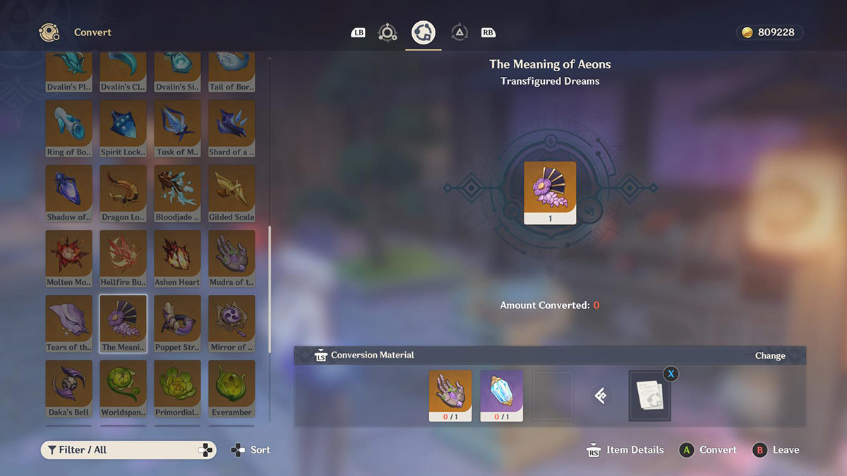 Screenshot of Alchemy Dream Solvent menu in Genshin Impact.