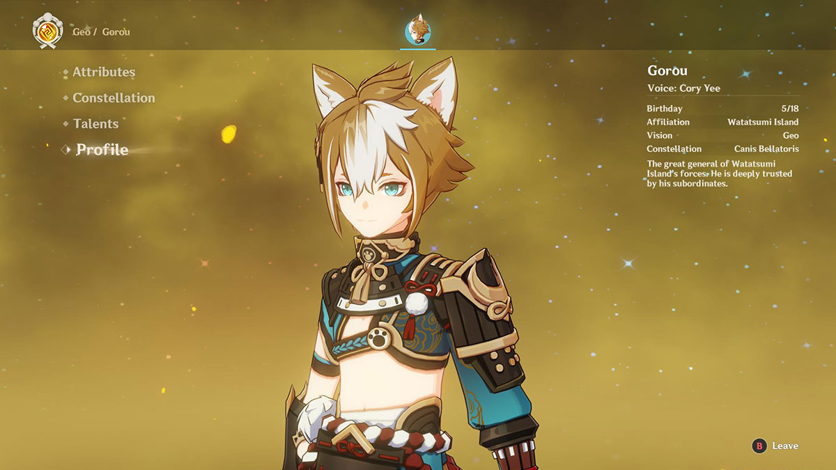 Screenshot of Gorou profile menu in Genshin Impact.