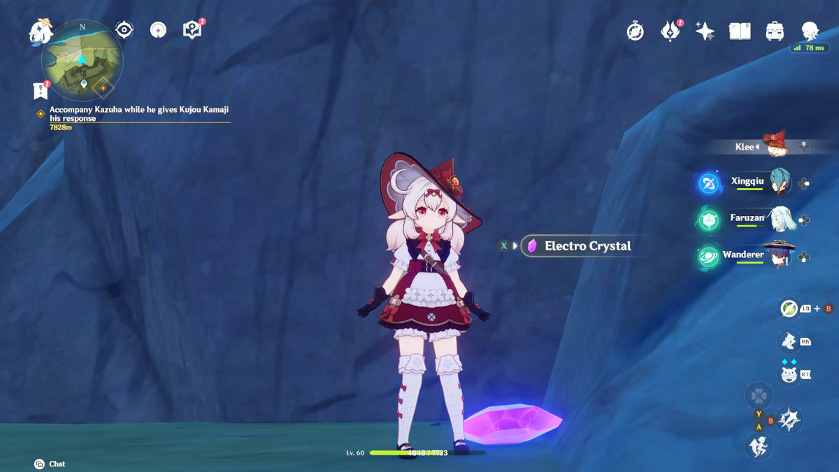 Screenshot of Klee picking up Electro Crystals in Genshin Impact.