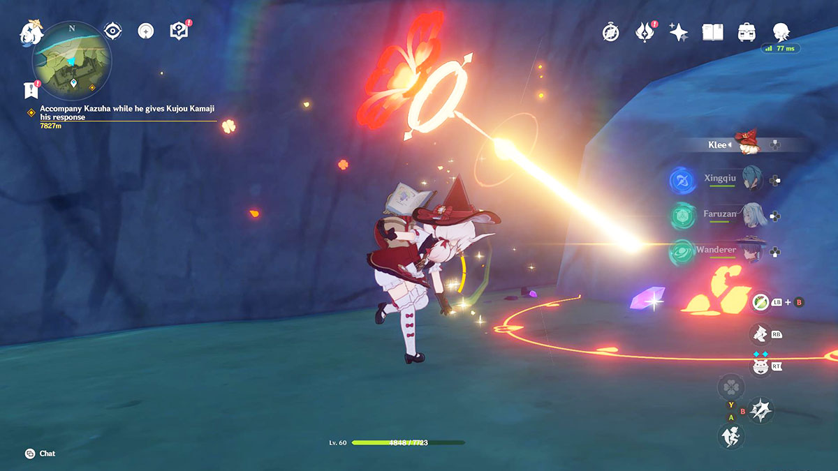 Screenshot of Klee blowing up Electro Crystals in Genshin Impact.