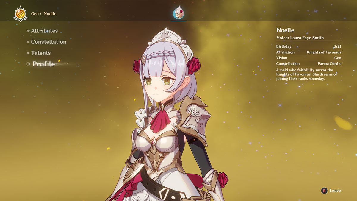 Screenshot of Noelle profile menu in Genshin Impact.