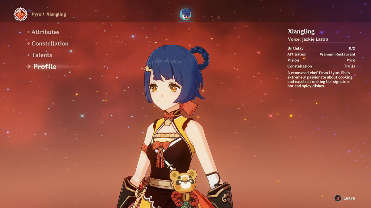 Screenshot of Xiangling profile menu in Genshin Impact.