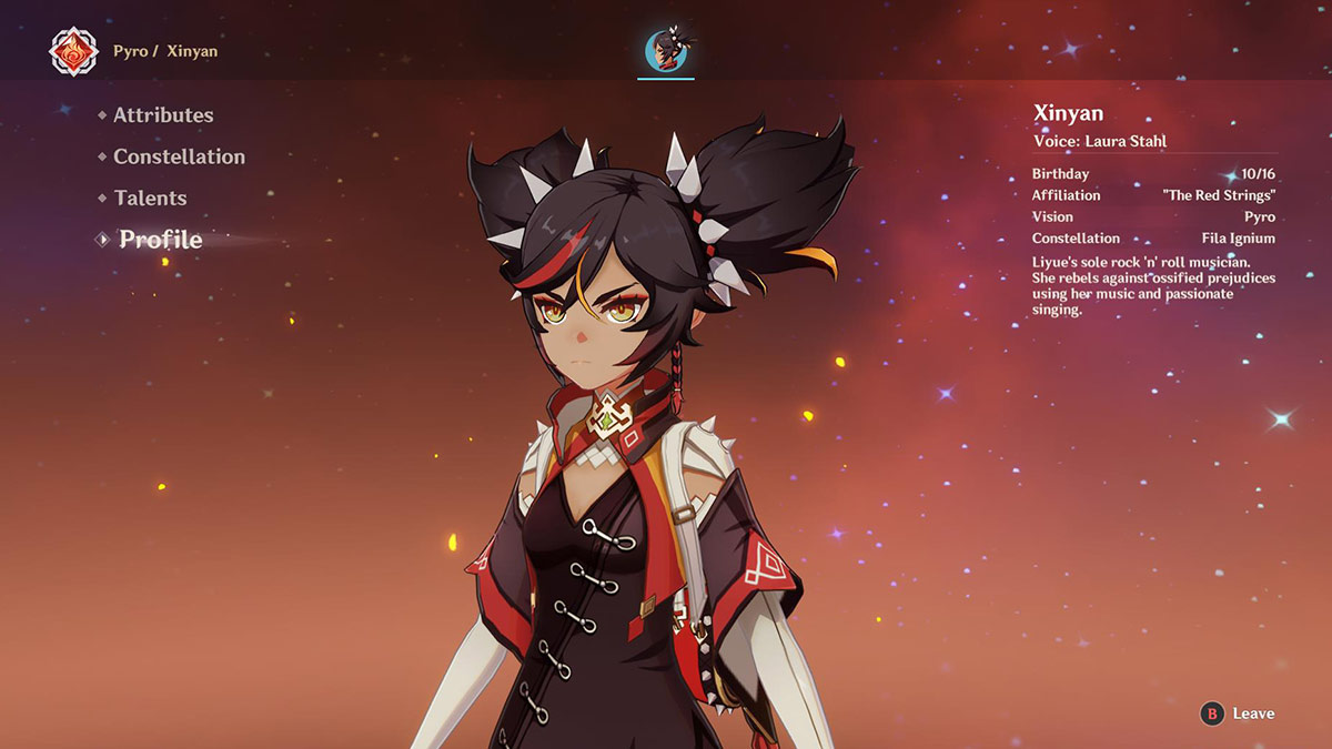 Screenshot of Xinyan profile menu in Genshin Impact.