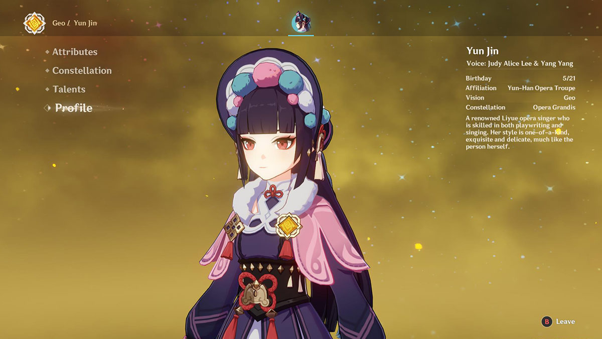 Screenshot of Yun Jin profile menu in Genshin Impact.