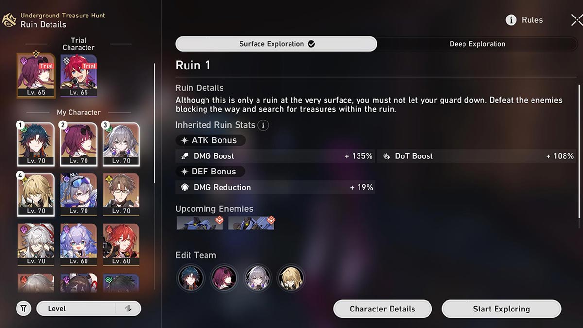 Screenshot of Underground Treasure Hunt team page in Honkai: Star Rail.