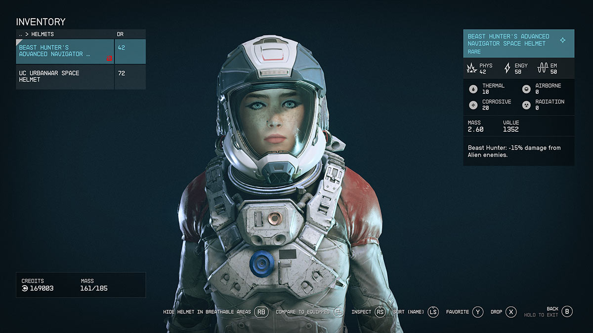 Screenshot of the hide Helmet menu in Starfield.