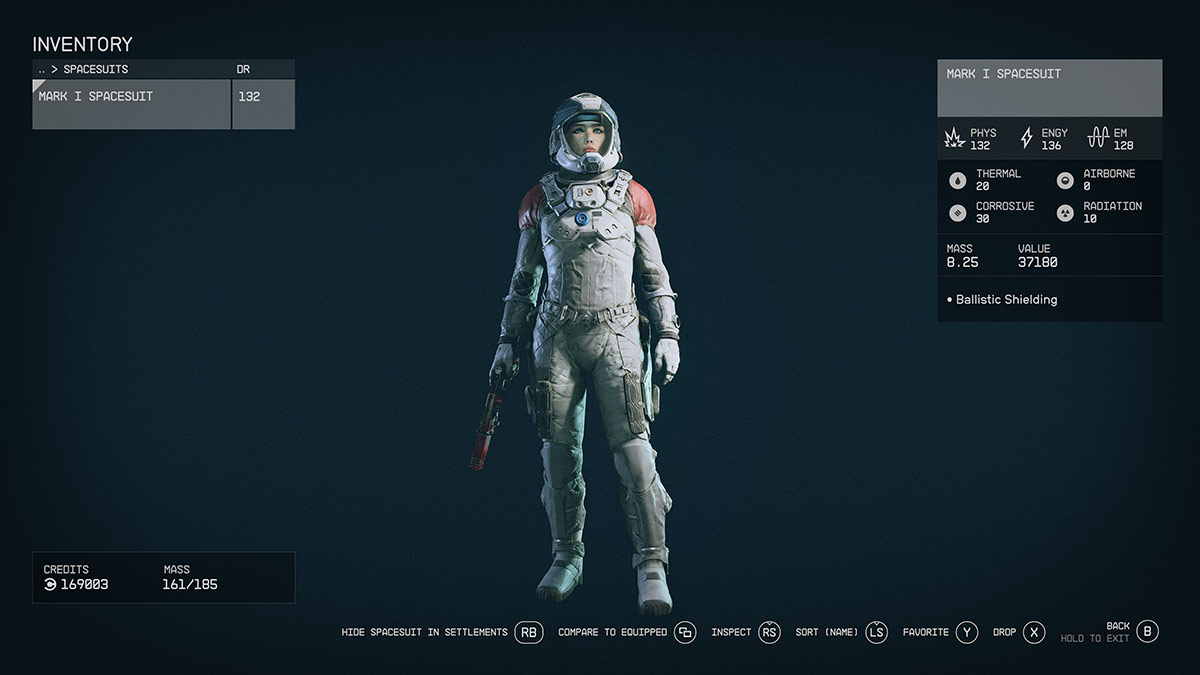 Screenshot of the hide Spacesuit menu in Starfield.