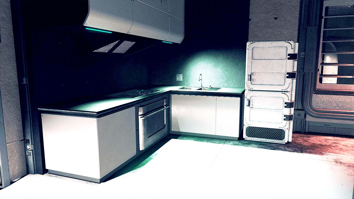 Screenshot of The Well Apartment kitchen in Starfield.