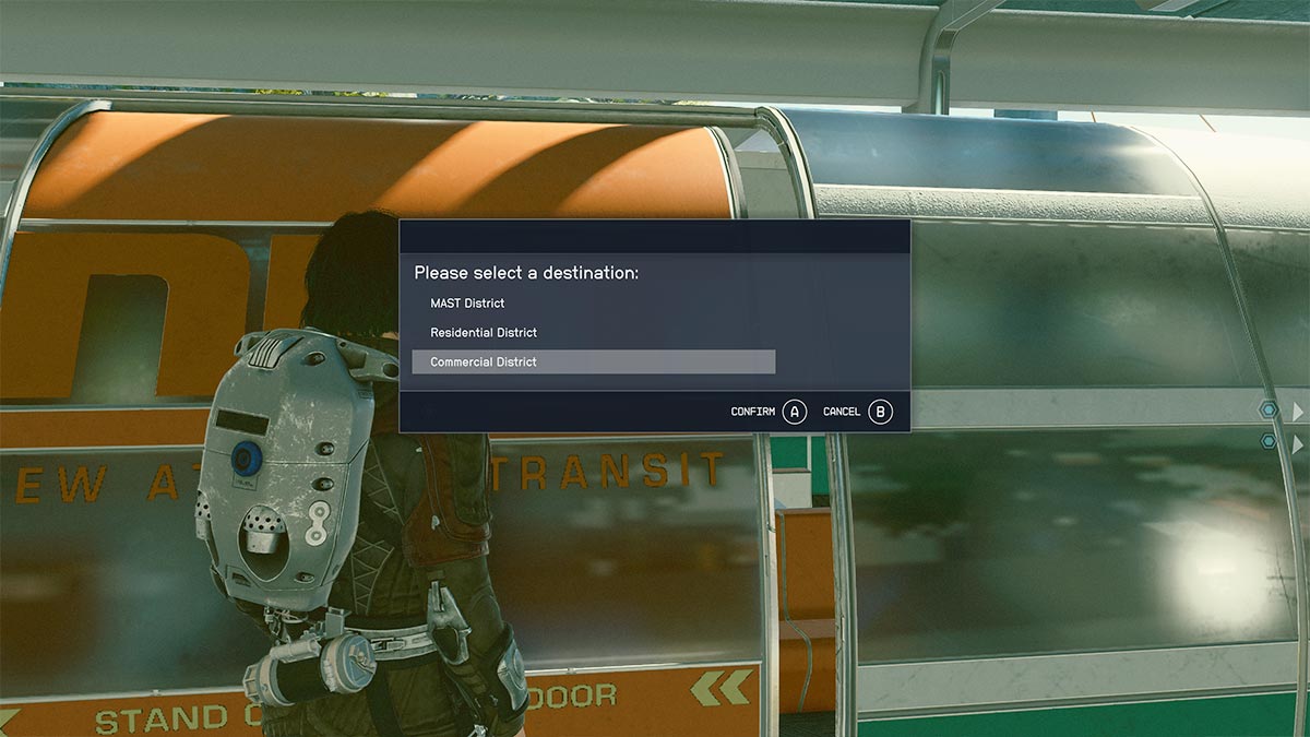 Screenshot of New Atlantis Commercial District shuttle in Starfield.