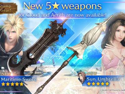 The new FFVII Ever Crisis banner gives Aerith Sunny Robe swimsuit gear and a Sun Umbrella weapon and Cloud a Maritime Sailor gear and sword.