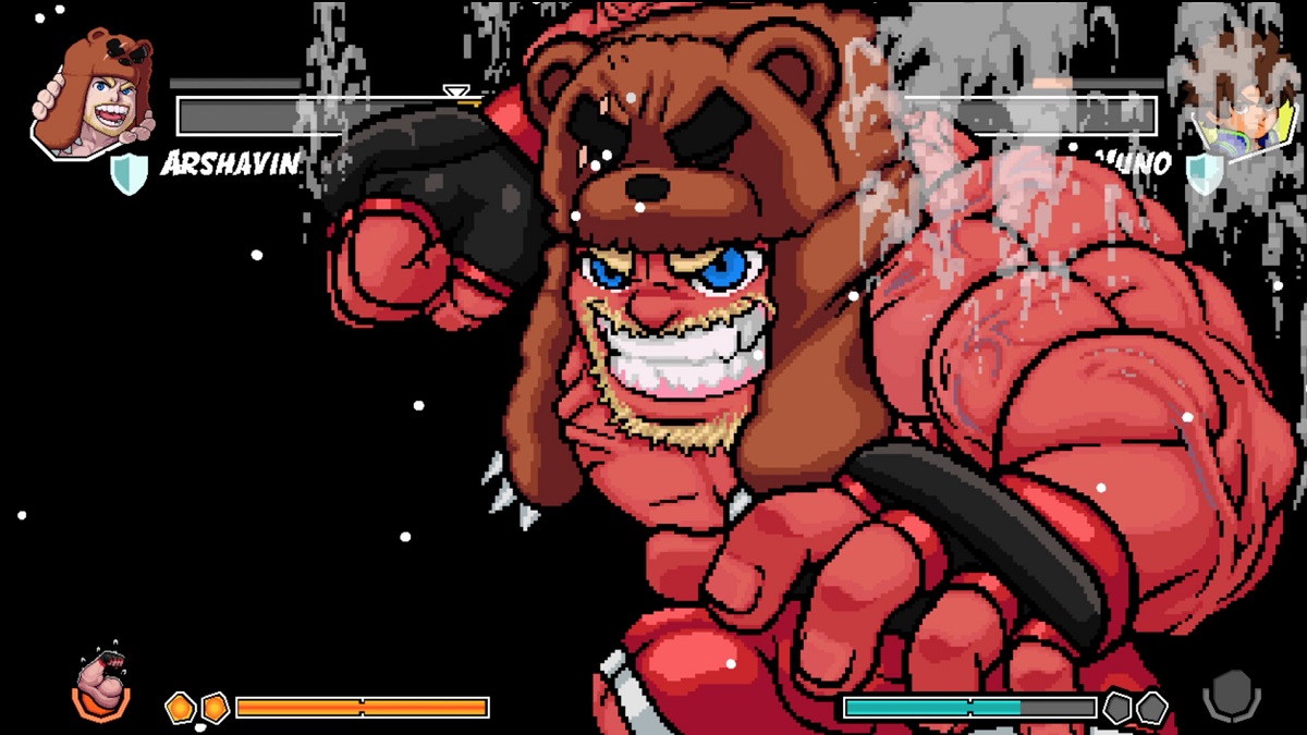 A red, muscled man in a bear hat cocks his fist back and smiles