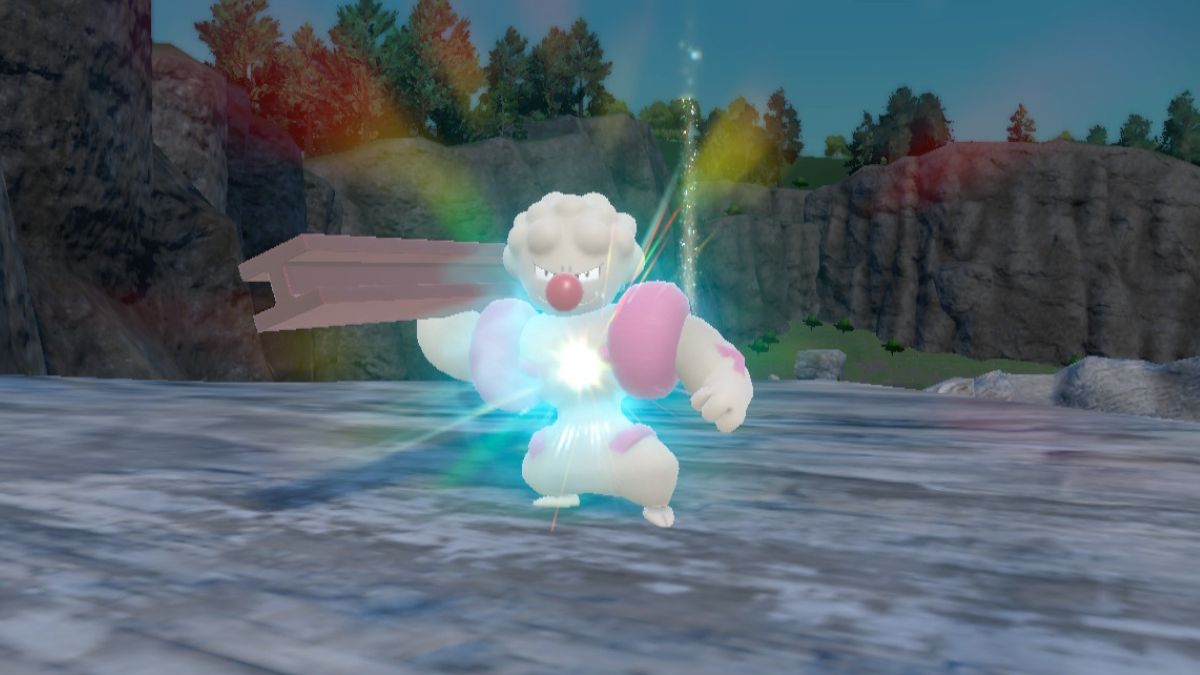 Screenshot of Gurdurr evolving into Conkeldurr in Pokemon Scarlet and Violet.