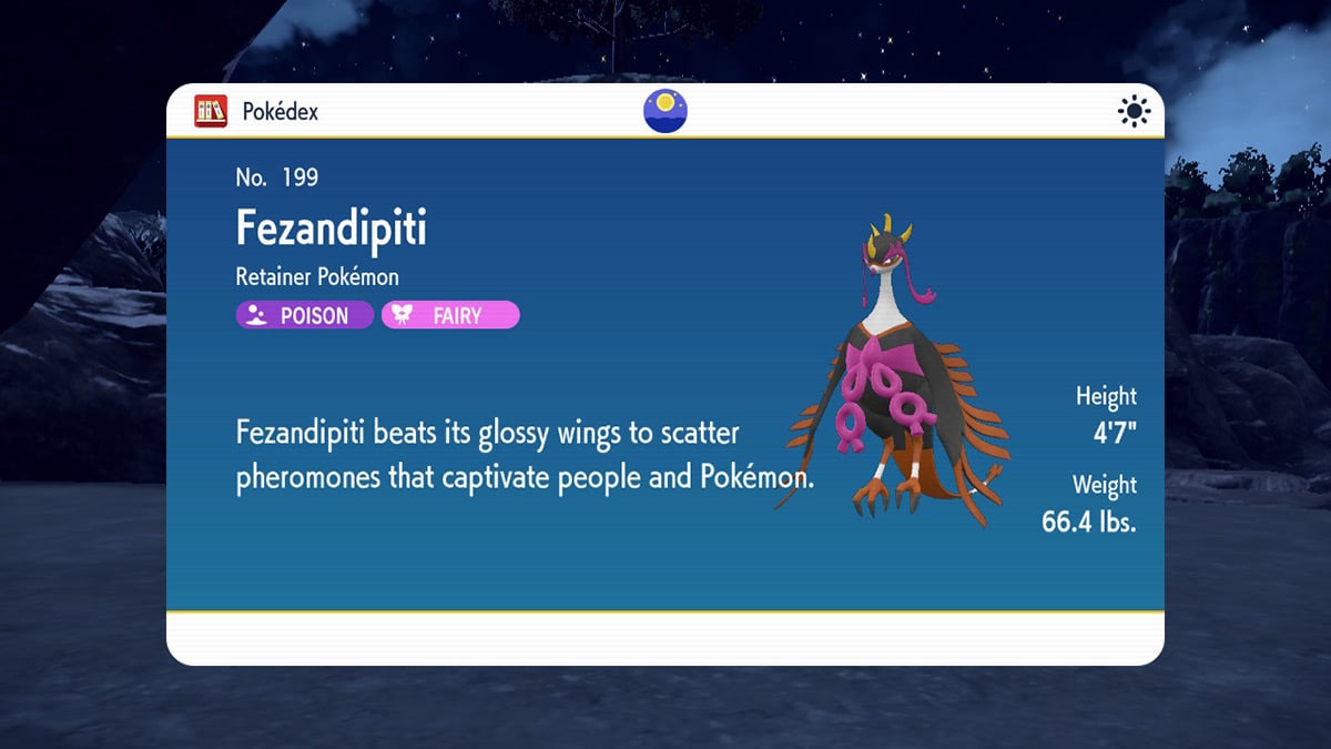 Screenshot of Fezandipiti Pokedex registration in Pokemon Scarlet and Violet The Teal Mask