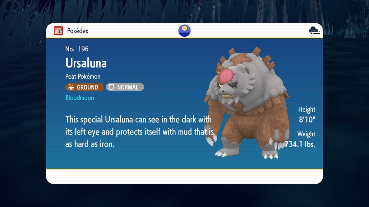 Screenshot of Bloodmoon Ursaluna's Pokedex entry in Pokemon Scarlet and Violet.