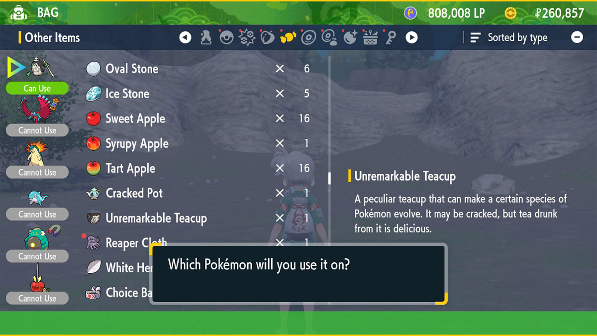 Unremarkable Teacup evolution menu in Pokemon Scarlet and Violet The Teal Mask.