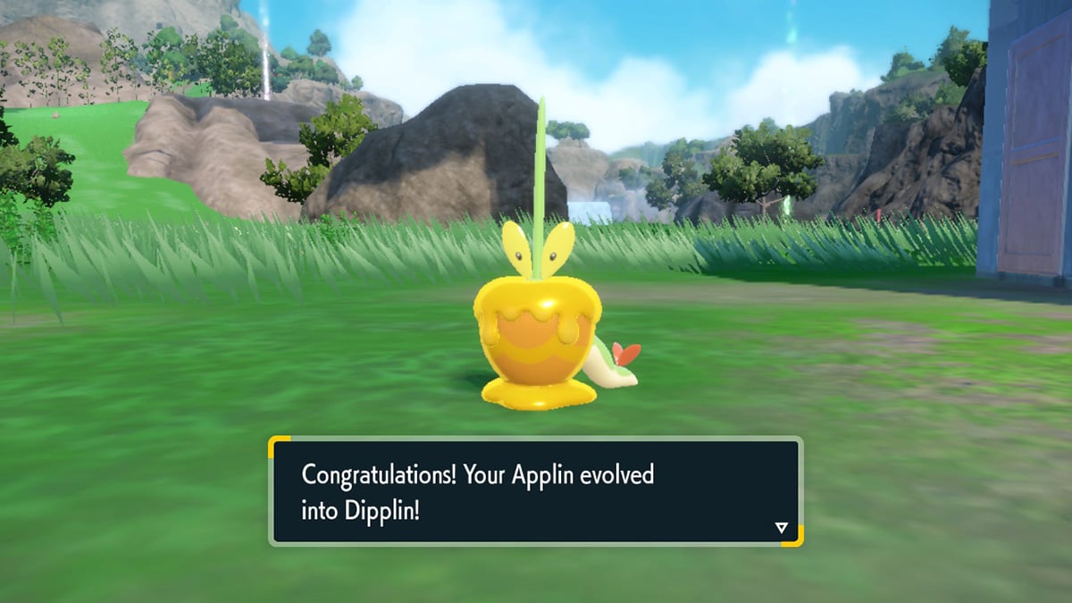 Screenshot of Shiny Dipplin evolving in Pokemon Scarlet and Violet The Teal Mask