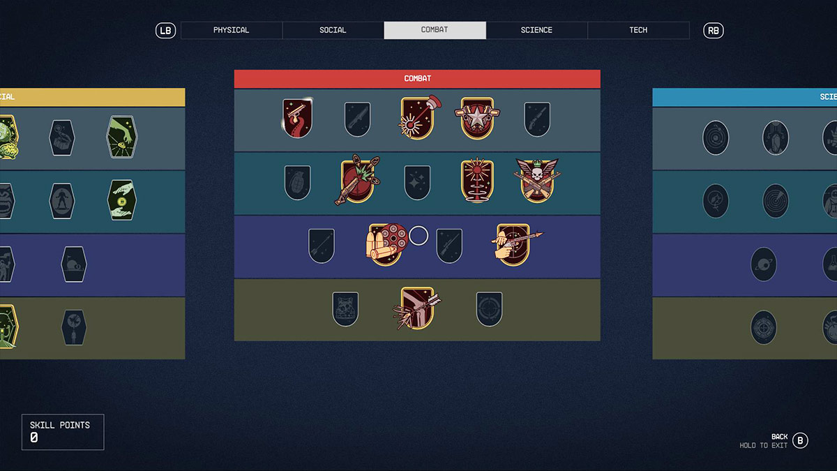 Screenshot of the combat skill tree menu in Starfield.