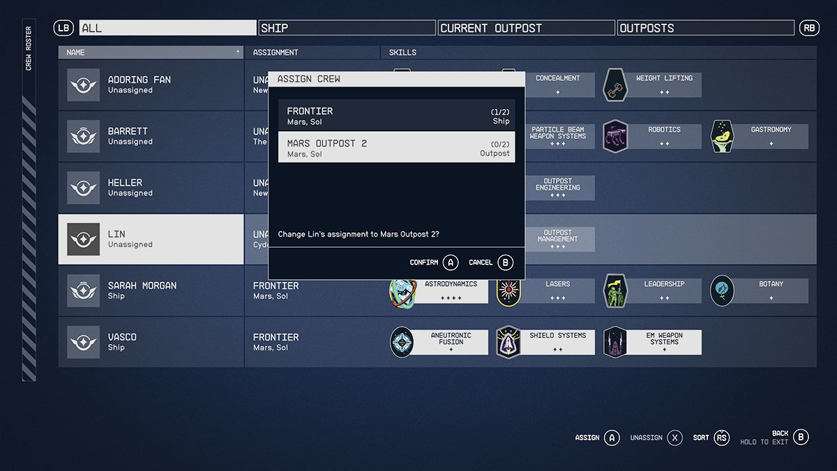 Screenshot of Crew outpost menu in Starfield.