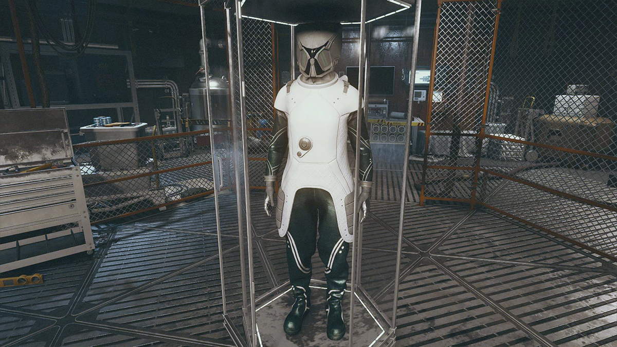 Screenshot of the Mantis armor in Starfield.