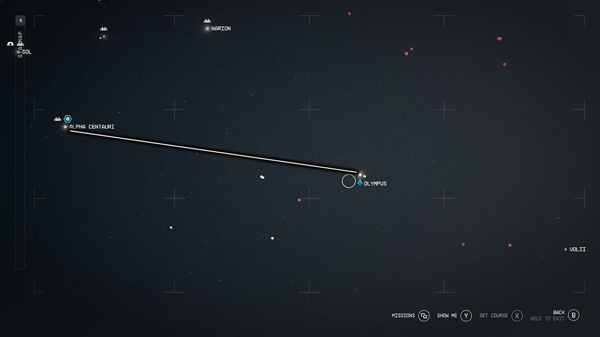 Screenshot of the Starfield Olympus star system.