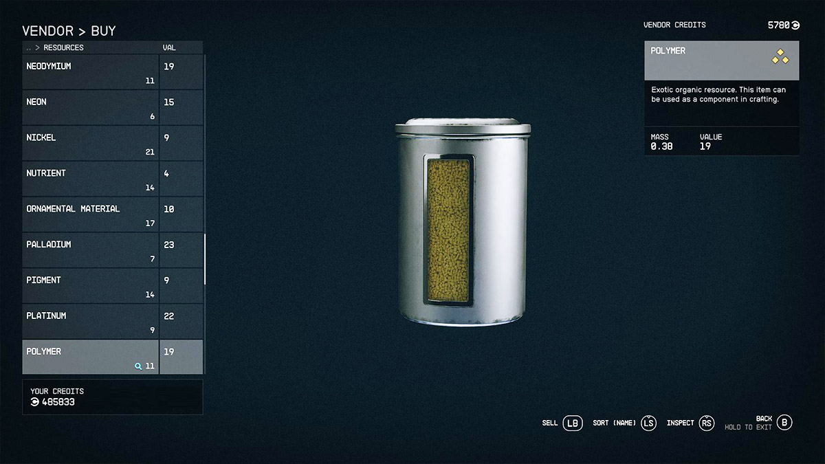 Screenshot of Polymer purchase screen in Starfield.