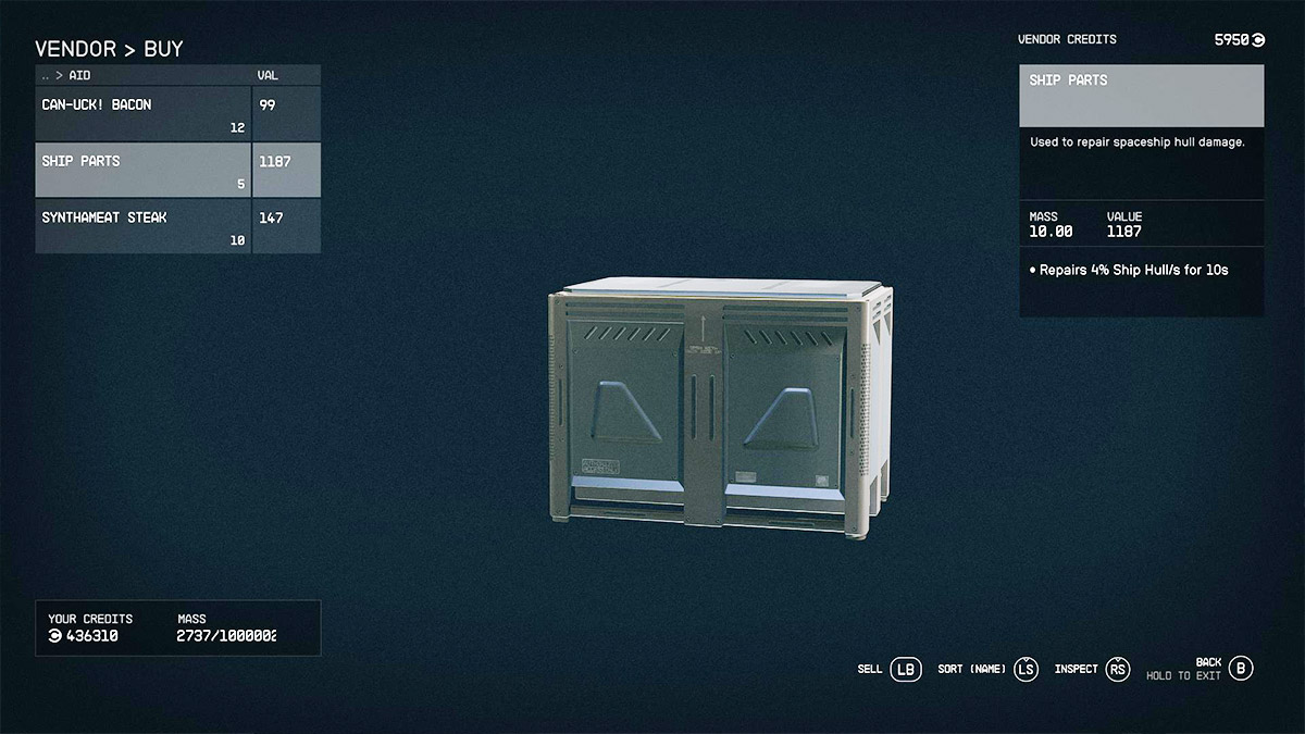 Screenshot of Ship Parts purchase screen in Starfield.