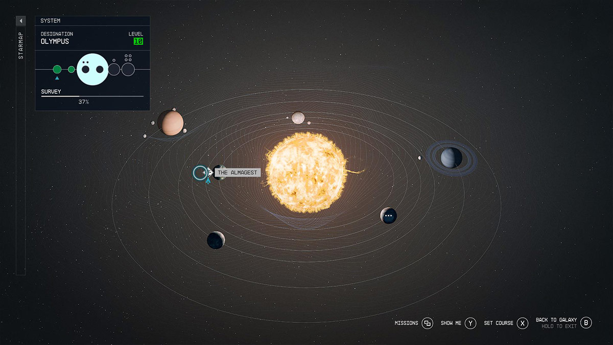 Screenshot of the Olympus star system map in Starfield.