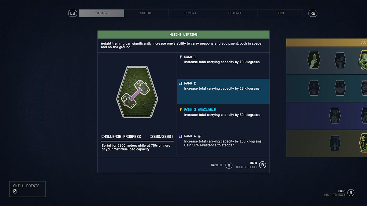 Screenshot of the Weight Training skill tree in Starfield.