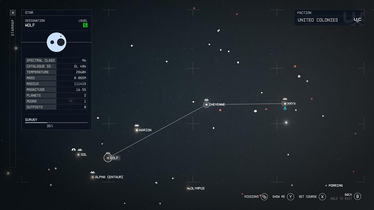 Screenshot of the Wolf star system in Starfield.